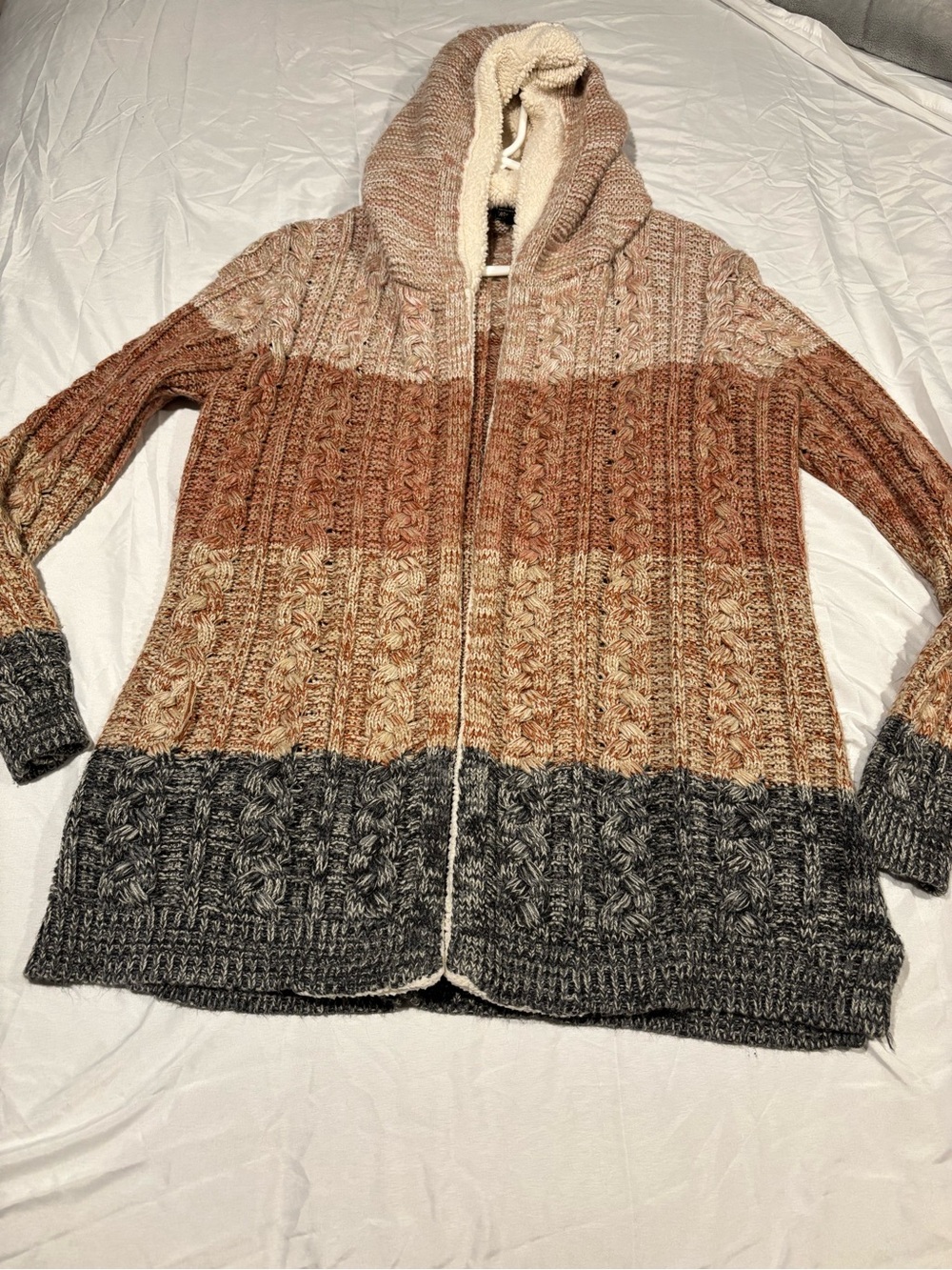 Lety & Me Faux Fur Hooded Open Front Cardigan Sweater Medium Gray Knit 1265SX